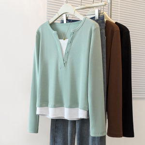 Brand Discount Womens Clothing Plus Size Fall Fashion Fake Two Pieces Long Sleeves T-shirt Plus Size Ladies Covering Belly Thin Inner Wear Blouse Women
