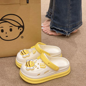 Cute Bee Pattern Thick Bottom Sandals Womens Summer New Outdoor Wear Beach Anti-slip Headed Clog Shoes Sweet Style EVA Material