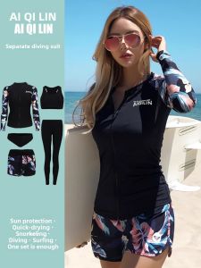 Long Sleeve Womens Wetsuit Two Piece Surfing Swimming Suit Slimming Belly Cover up Diving Clothes Nylon Material for Diving