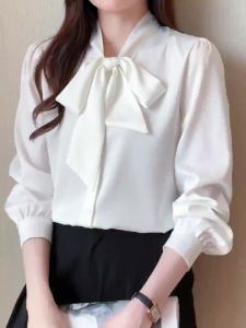 AMMIN 2025 Spring and Autumn new French V-neck bow ribbon design long-sleeved commuter chiffon shirt womans Korean style single-breasted white elegant blouse