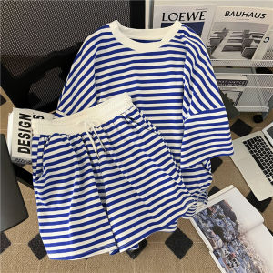 IELGY Fashion Casual Striped Sports Suit Female Student Summer Thin Loose Slim Two-piece Set