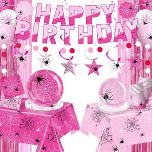 Pink Spider Web Theme Birthday PartyDisposable Tableware Cups Plate PaperTablecloth Spider Party Decoration Baby Shower Gifts