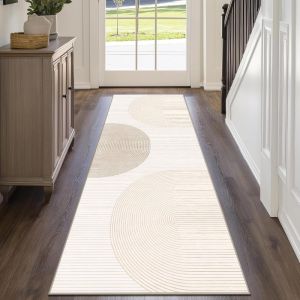 VIKAMA Japandi Neutral Arch Geometric Long Runner Rug Beige Line Non Slip Washable Carpet For Hallway Bedroom Entryway Decor