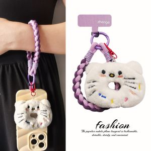 Short Plaited Nylon Lanyard Cute Plush Mobile Phone Pendant Outdoor Travel Camera Chain Personalized Color Block Wristband