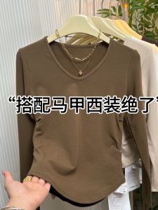 สไตล์เกาหลี สลิมฟิต คอวี ผ้าขนแกะ เสื้อฐานเรียงราย พลีท เอว สวมใส่ด้านในที่ประจบ เสื้อท่อนบน สําหรับ ฤดูใบไม้ร่วง ฤดูหนาว แฟชั่น