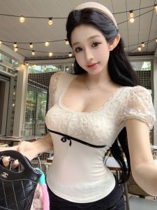 GUZILIAN | Sweet Style Square Collar Lace Splice Bubble Sleeve T-Shirt Korean Pure Desire Butterfly Knot Slimming Versatile Top