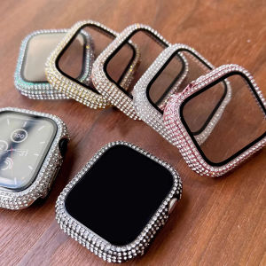 Rhinestone Decor Tempered Glass Screen Protector Watch Case For Apple Watch 38/40/41/42/44/45/46mmSeries SE/10/9/8/7/6/5/4/3/2