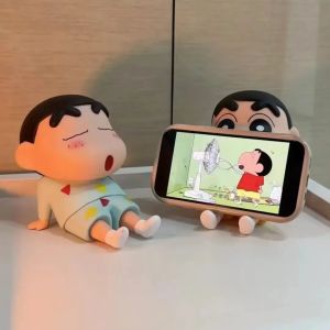Bandai | Crayon Shin-Chan Figures Phone Holder Kawaii Anime Desktop Ornaments Cartoon Watching TV Phone Support Cute Doll Decorations