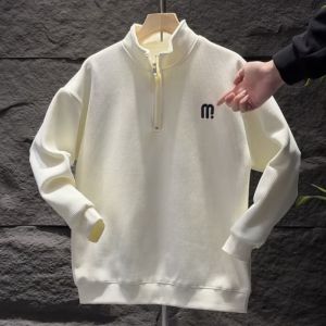 Mens Fleece Lined Thickened Embroidered Letter Half Zipper Stand Collar Sweatshirt Autumn Winter Warm Anti-Cold Base Shirt