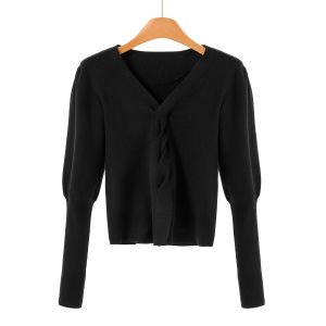 เสื้อถักคอวีแขนโคมไฟผูกปม ผ้าขนสัตว์ผสม ทรงเข้ารูป แขนยาว ปกติ คอวี เสื้อผ้าทำงานฤดูใบไม้ร่วง ฤดูใบไม้ผลิ 2025