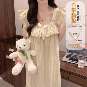 Summer Womens Sleep Dress with Chest Pad 2025 New Style Strap Woven Cotton Sweet High-End Solid Color One-Piece Nightgown