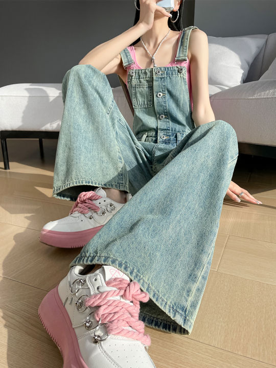 High Waist Loose Fit Thin Denim Overalls Women's Spring Summer Fashion Slimming Narrow Version Long Pants Cotton Blend