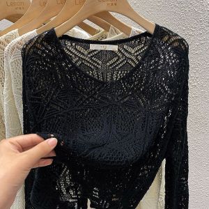 Summer 2024 Womens Hollow out Long Sleeve Knitwear Short Style Thin Loose Top V-Neck Single Piece Casual Fashion White