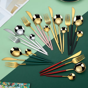 Portugal 4-piece set of 410 stainless steel knives forks spoons green gold spoons forks Western style steak knives forks dessert utensils