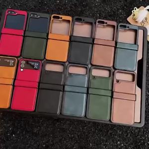 szhaiyu | Luxury Plain Leather Phone Case for Samsung Galaxy Z Flip 8 7 FE 6 5 4 5G Flip8 Flip7 Hinge Protection Shockproof Bumper Cover