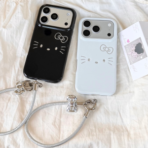 Sanrio | Fashion Black White Sanrio Hello Kitty Cute Shockproof Phone Case For iphone 17 16 15 Pro Max Gloss Hard Back Cover With Lanyard