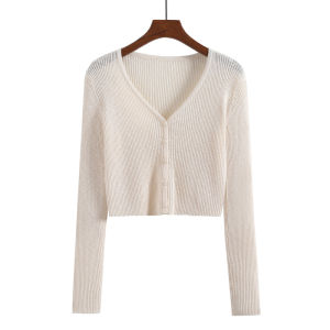 Ice Silk Knitted Short Cardigan Womens Light Weight Air Conditioner Cover up Pure Color Versatile Long Sleeve V-Neck Top