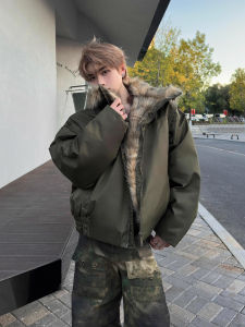 YOULIN | Khaki High Collar Eagle Crest Style Thickened Warm Cotton Jacket Retro American Faux Fur Collar