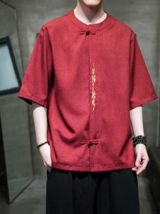 Summer Style Ice Silk Brothers Group Red Retro Han Chinese Clothing Wedding Clothes Performance Frog Button Short Sleeve Tang Suit Shirt Tops Men