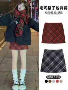 กระโปรงทรงเอเอวสูงทรงเข้ารูปผ้าขนสัตว์ลายสก็อตย้อนยุคสำหรับฤดูใบไม้ร่วงและฤดูหนาวกระโปรงสั้นทรงเอกระโปรงทรงเอสำหรับผู้หญิง