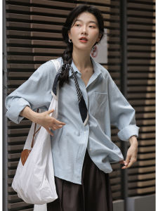 Blue Long Sleeve Shirt Womens Pocket Design Korean Style Autumn Fashion Sensation Casual Shirt Korean Version Cotton Material