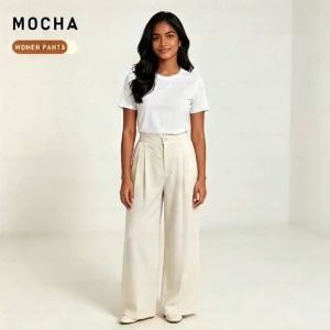 MOCHA Women High‑Waist Wide‑Leg Linen Pants Casual Loose Straight Long Trousers ST177