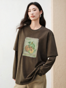 PEACEBIRD | Pumpkin Pattern Print Loose Brown Patchwork Long Sleeve T-Shirt
