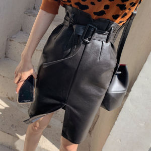 High Waist Half-length Skirt Belt Buckle High Waist PU Leather Spring Summer Trendiness Prior Opening Long HuaBo Step Dress