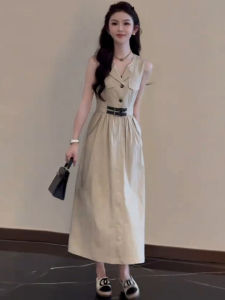 Korean Style Retro Workwear V-Neck Sleeveless Waist-Cinched Long Dress Womens Summer New Design High Waist Cotton Dress