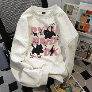 Retro American White Grey round Neck Sweatshirt Women Long Sleeve Loose Oversize Autumn Winter Fashion Brand Couple Tops