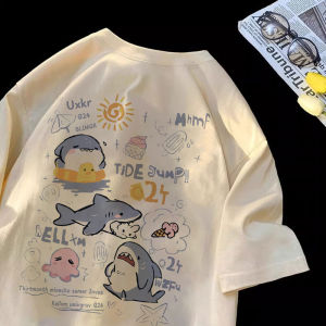New Summer Cartoon Shark Print Loose Fit Cotton T-Shirt for Girls Child Casual Style Short Sleeve Pure Cotton Comfortable Top