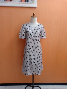 midi dress wanita abu muda pastel motif bintang NEU MOR cewek M lengan pendek santai cute