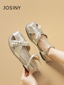 Josiny | Summer Flat Roman Pearl Lace-up Sandals