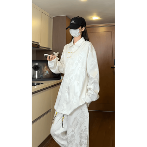 New Chinese Style Set Mens Shirt Jacket Spring Autumn Wear Dragon Pattern Buttoned Shirt Tang Suit Pants Complete Set