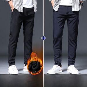 ROMON | Lormen Mens Casual Thickened Fleece Lined Slim Fit Business West Pants Elastic Long Trousers Autumn Winter Fashion City Style