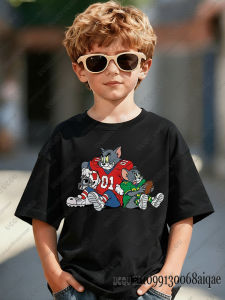 52TOYS | Cartoon Tom&Jerry Print Rugby Shirt For Adult/Kids Summer O-neck Comfortable Cotton Sports T-shirts Parent Child Casual Clothing