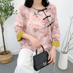 เสื้อเชิ้ตผ้าไหมฝ้ายสไตล์จีนใหม่สำหรับผู้หญิง ฤดูร้อน ทรงหลวม แขนยาว 7 นิ้ว กระดุม ทรงสลิม เสื้อยืดคอตตอนเทียม บาง