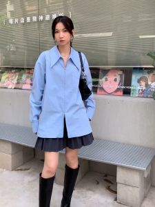 ชุดเสื้อเชิ้ตแฟชั่นเกาหลีผู้หญิง 🛒 STB2901 🛒 คอปกแขนยาว แบบสีwhite/blue เชื่อมต่อกับสุขภาพและสมบูรณ์ ฟรี ไซส์