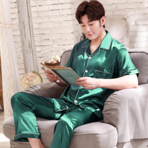 Summer Silky Icy Sensation Short Sleeve Long Pants Couples Pajama Set