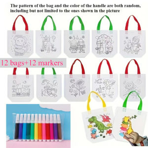 24pcs(12 Bags+12 Markers) DIY Graffiti Pack with Colored Markers Reusable Animal Art Party Gift Bags Storage Accessories