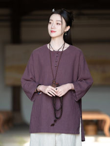 เสื้อยืดคอตตอนลินินสไตล์ย้อนยุคสำหรับผู้หญิง แขนยาวเก้าส่วน กระดุม แขนยาวเก้าส่วน ทรงหลวม สีพื้น ระบายอากาศได้ดี สำหรับฤดูใบไม้ผลิ