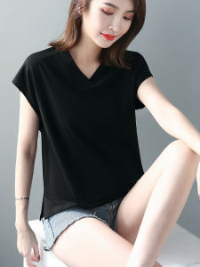 Black V-Neck Slit Hem Short Sleeve T-Shirt Womens Design Loose Top Comfortable Breathable Cotton Polyester Blend Summer New Arrival