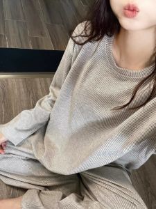 Đồ Ngủ Dài Tay Họa Tiết Sọc Ngọt Ngào Cho Nữ Bộ Đồ Mặc Nhà Thường Ngày Mùa Thu Đông Đồ Ngủ Cotton Pha Trộn Thoải Mái Cho Nữ