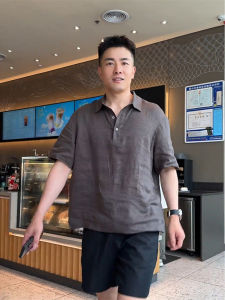LIUBU | Breathable Lightweight Polo Shirt Men Grey Linen Short Sleeves Summer