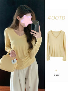 Ladies Yellow Long Sleeve Base Shirt Small V-neck Inner Wear Spring Autumn Fashionable Korean Style Versatile T-shirt