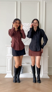 Eadlin - MERRY | Kemeja Wanita Striped Merry | Atasan Wanita Kemeja Panjang Pendek Dengan Kerah Dan Kancing Bukaan Motif Garis Semiwool Bergaya Korea | Korean Style | Clean Outfit | I Wear Eadlin