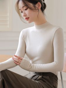 miiow | Slim Fit Long Sleeve Round Neck Base Shirt Womens Inner Wear High Neck Commute Style Pure Color Wool Blend Spring Autumn Top