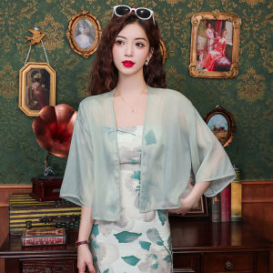 Impression Fashion Women New Chinese Plain 3/4 Trumpet Sleeve Loose Cutting Short Sun-protective Shawl Cardigan