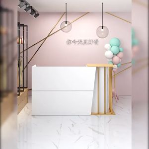 โต๊ะแคชเชียร์ เคาน์เตอร์ต้อนรับ เคาน์เตอร์คิดเงิน ลายหินอ่อนโครงทอง ขนาด120/140cm ดีไซน์ทันสมัย