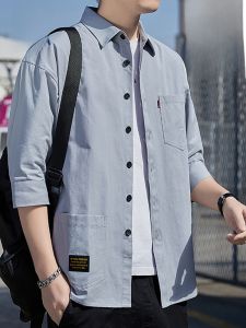 ROMON | Lormen Mens Pure Cotton Workwear Shirt Summer Thin Stylish Casual Seven-Foot Short-Sleeve Iron-Free Denim Shirt Jacket